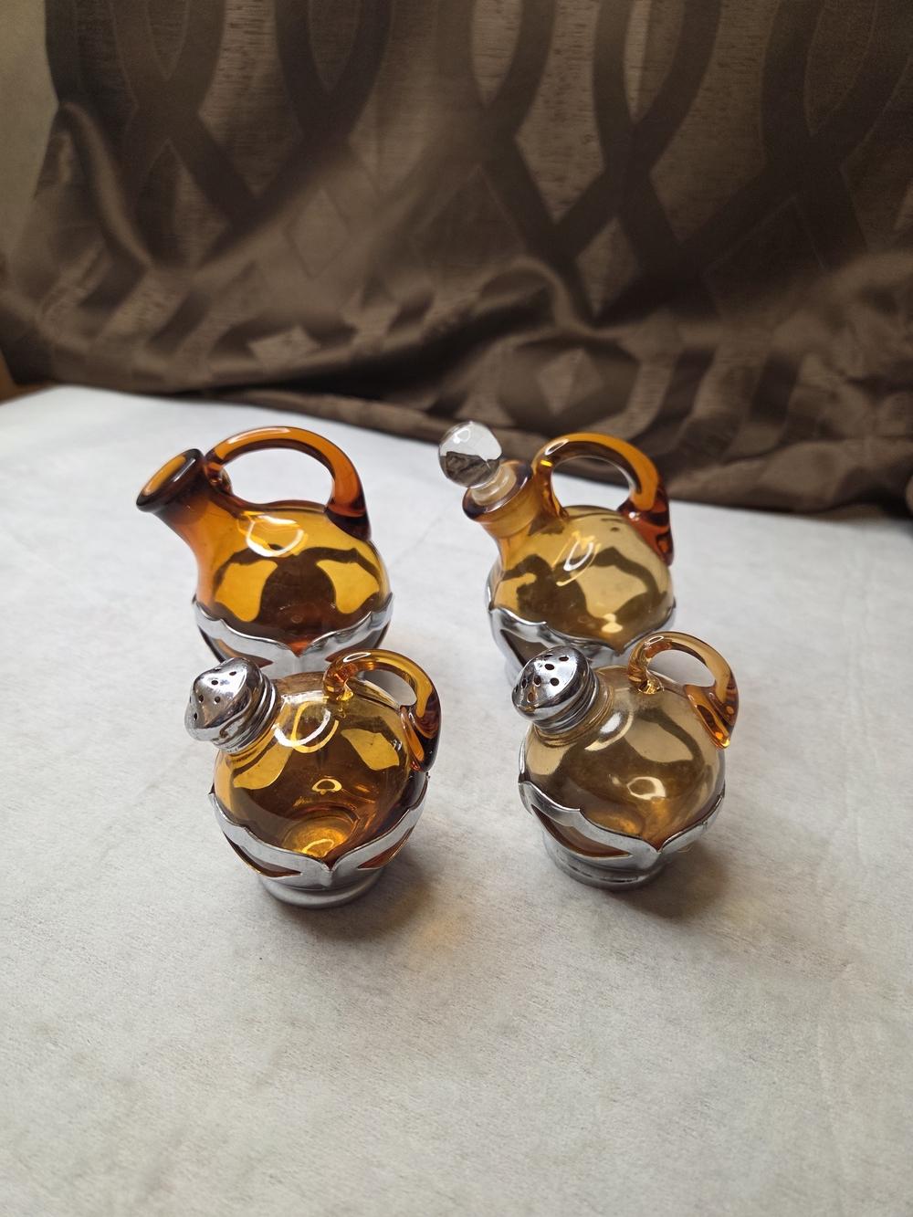 Vintage Farber Bros Krome Kraft Amber Glass Salt Pepper Oil Vinegar Pt Date 1924